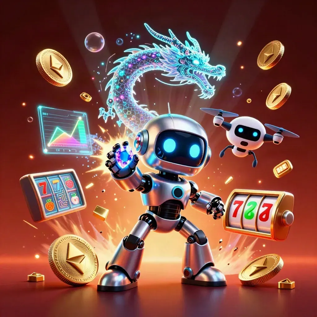 Robô cyberpunk, dragão holográfico e drone cercados por moedas, gemas e luz neon.