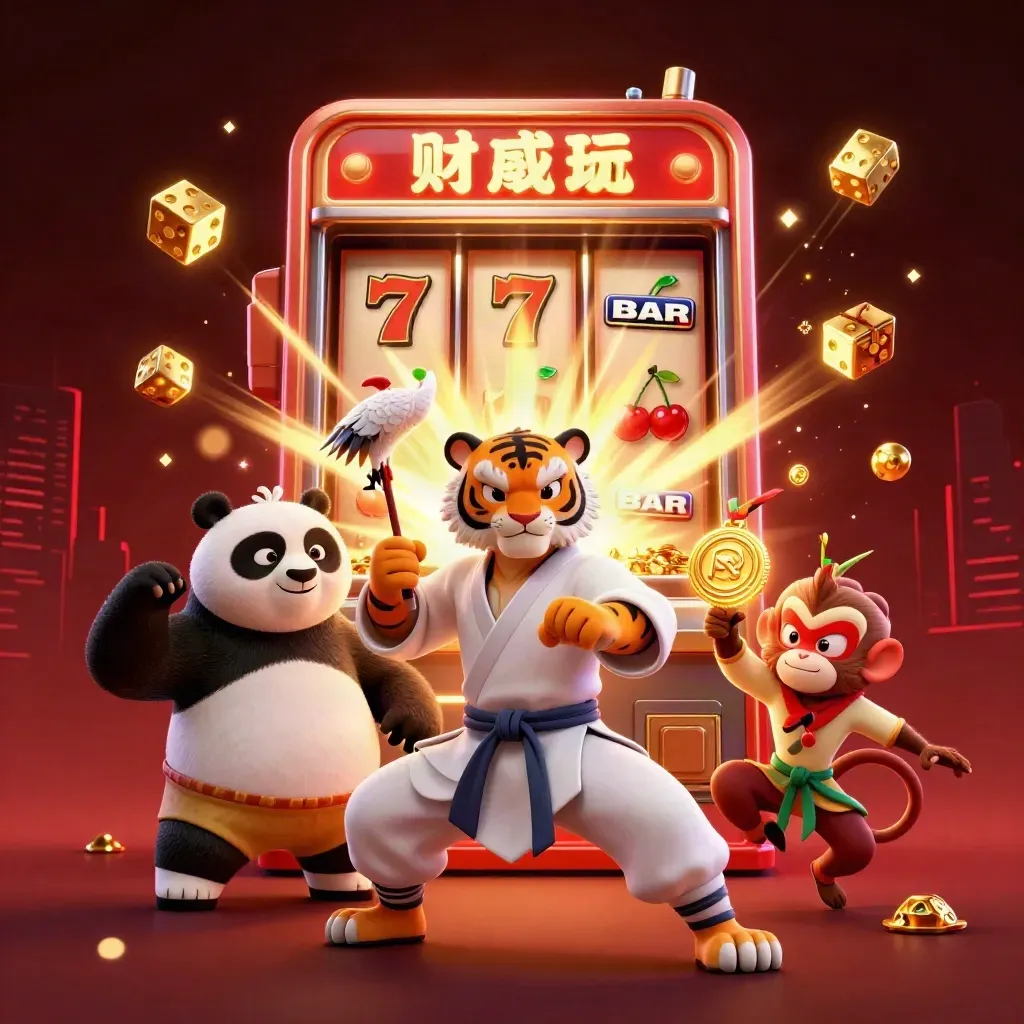 Tigre kung-fu, panda e macaco em meio a tesouro e luzes de cassino.