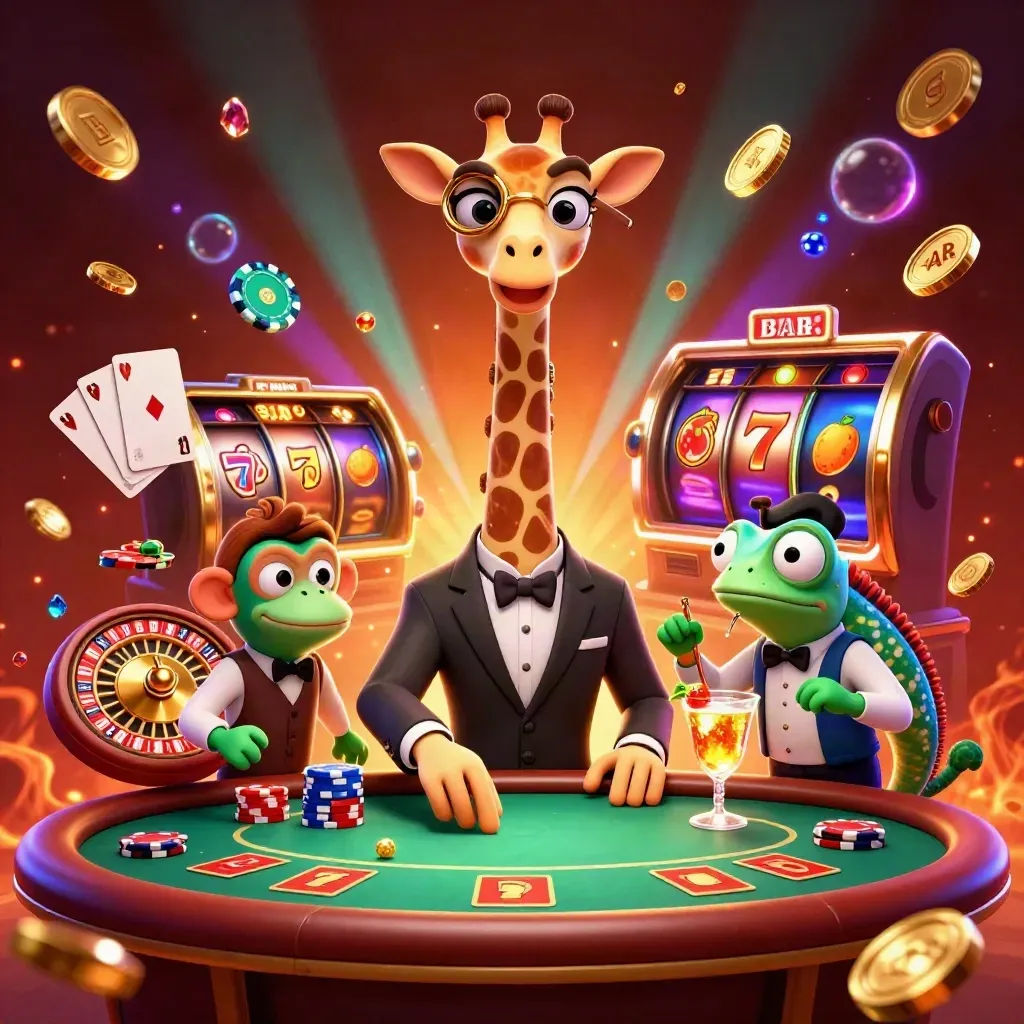 Girafa high roller, macaco e camaleão em mesa VIP com moedas, cartas e roleta neon.