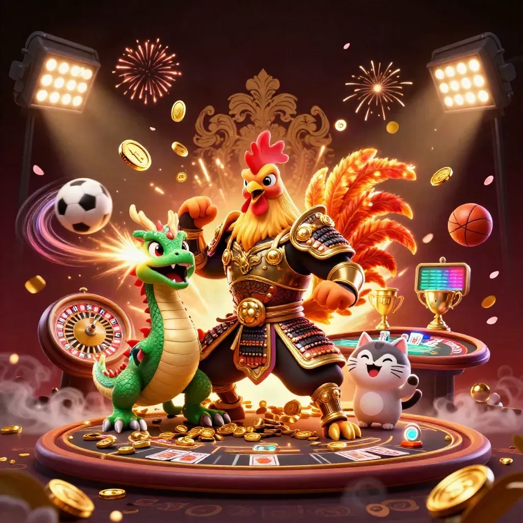 Galo samurai, dragão e gato da sorte em explosão de moedas, roleta e tesouro