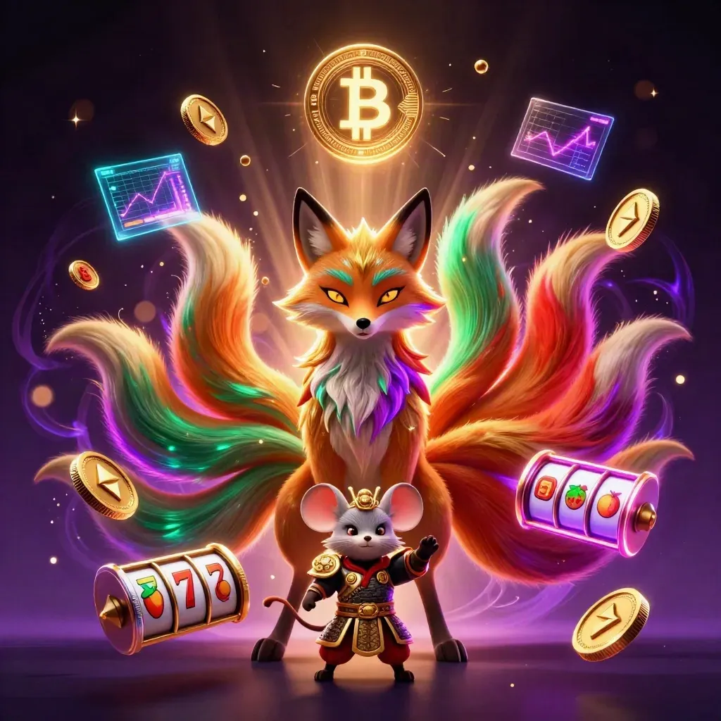 Raposa espiritual de nove caudas com rato samurai e moedas neon em fundo roxo